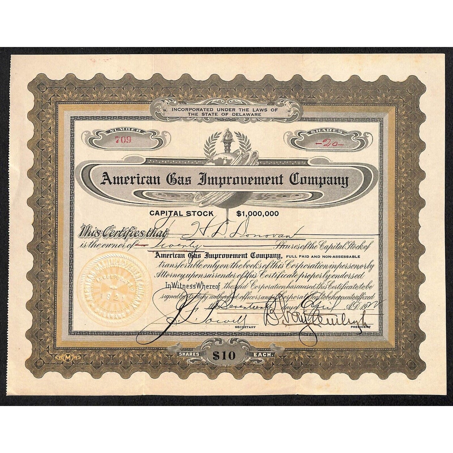American Gas Improvement Company 1922 Stock Certificate H.D. Donovan