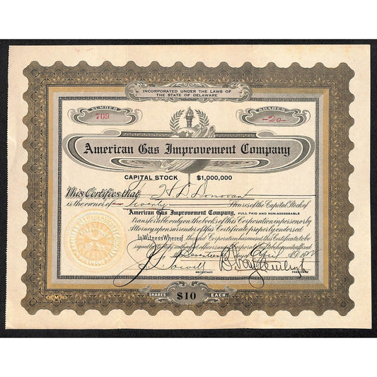 American Gas Improvement Company 1922 Stock Certificate H.D. Donovan