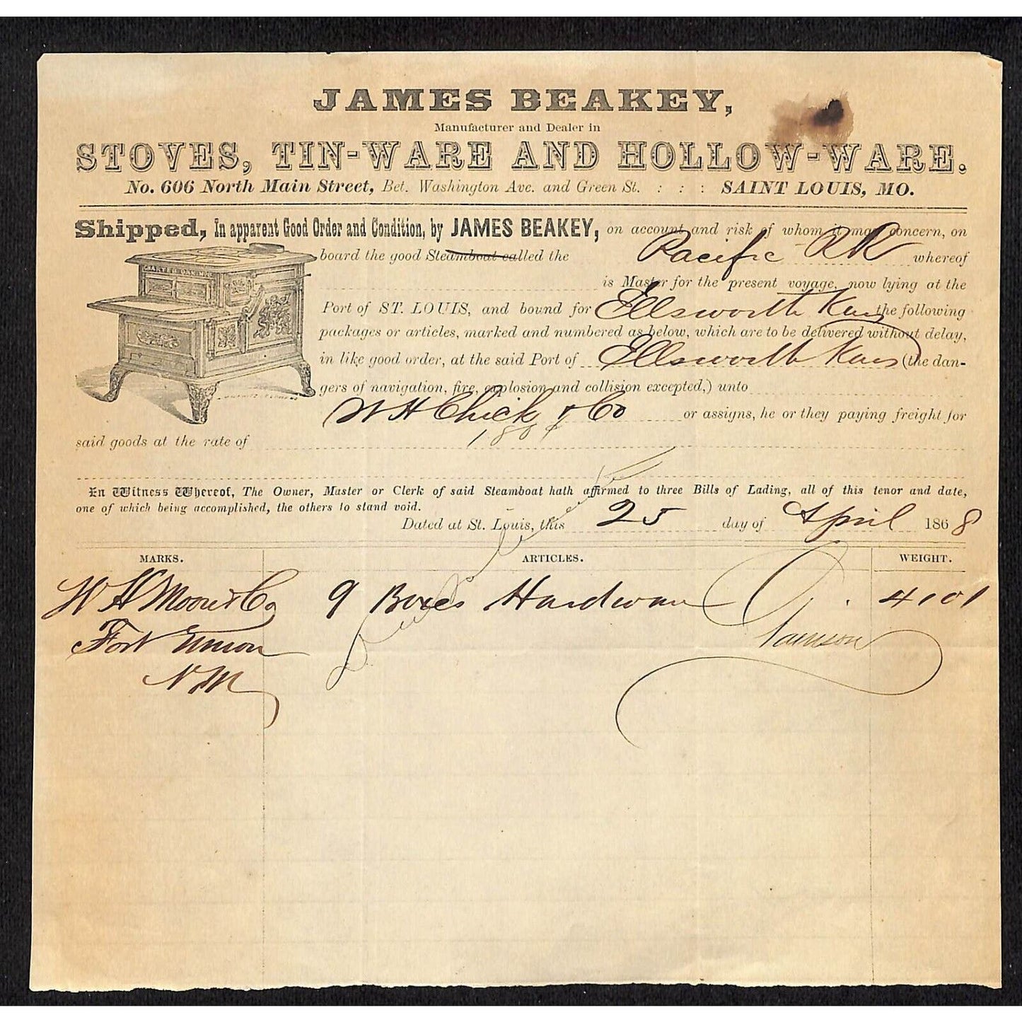 James Beakey St. Louis, MO Stoves Hollow-Ware 1868 RR Freight Billhead Vignette