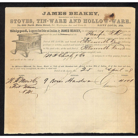 James Beakey St. Louis, MO Stoves Hollow-Ware 1868 RR Freight Billhead Vignette