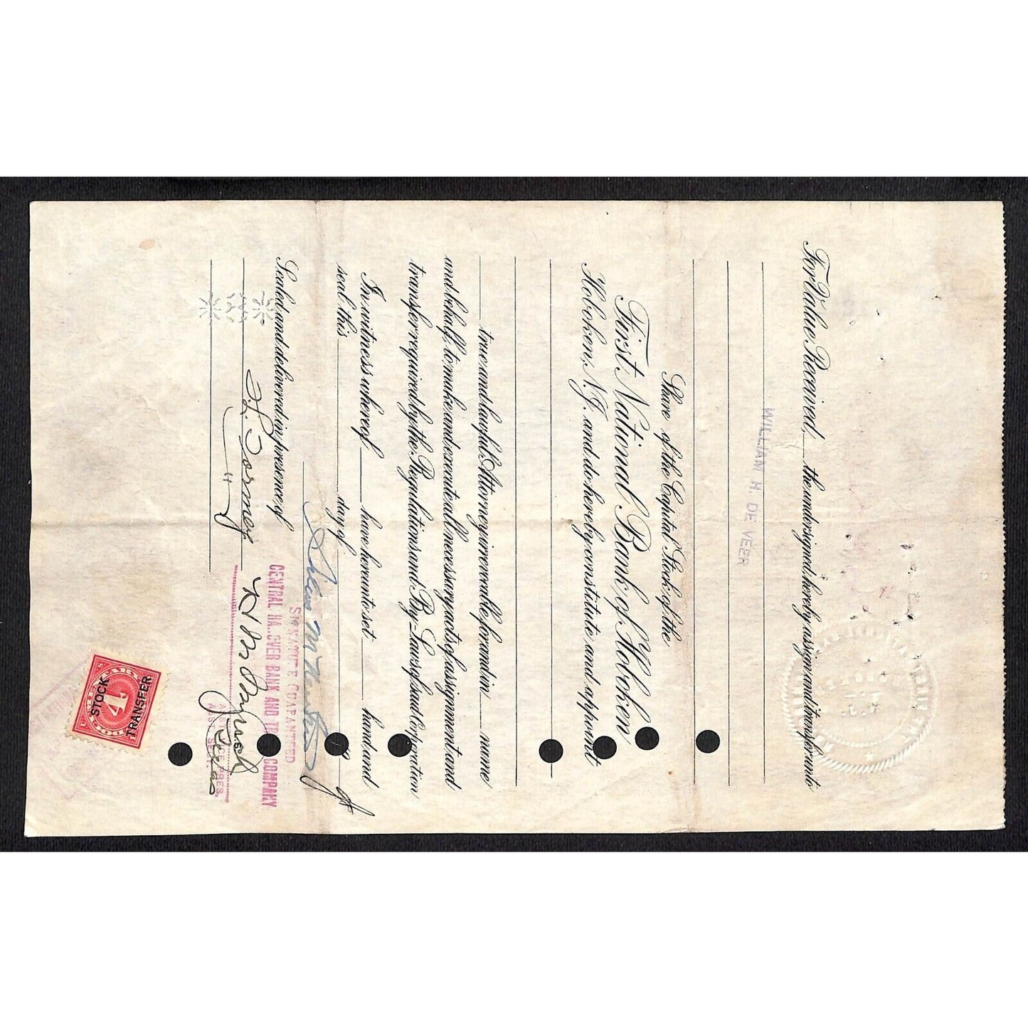 First National Bank of Hoboken NJ 1927 Stock Certificate Silas M. Newton