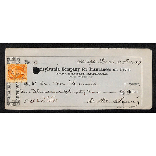 1869 Pennsylvania Company for Insurances on Lives w/ Rev Stamp A.M. Lewis