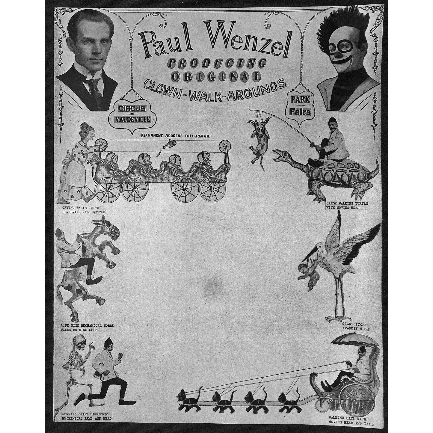 Paul Wenzel "Producing Clown Walk Arounds" Circus Letterhead c1920's Scarce