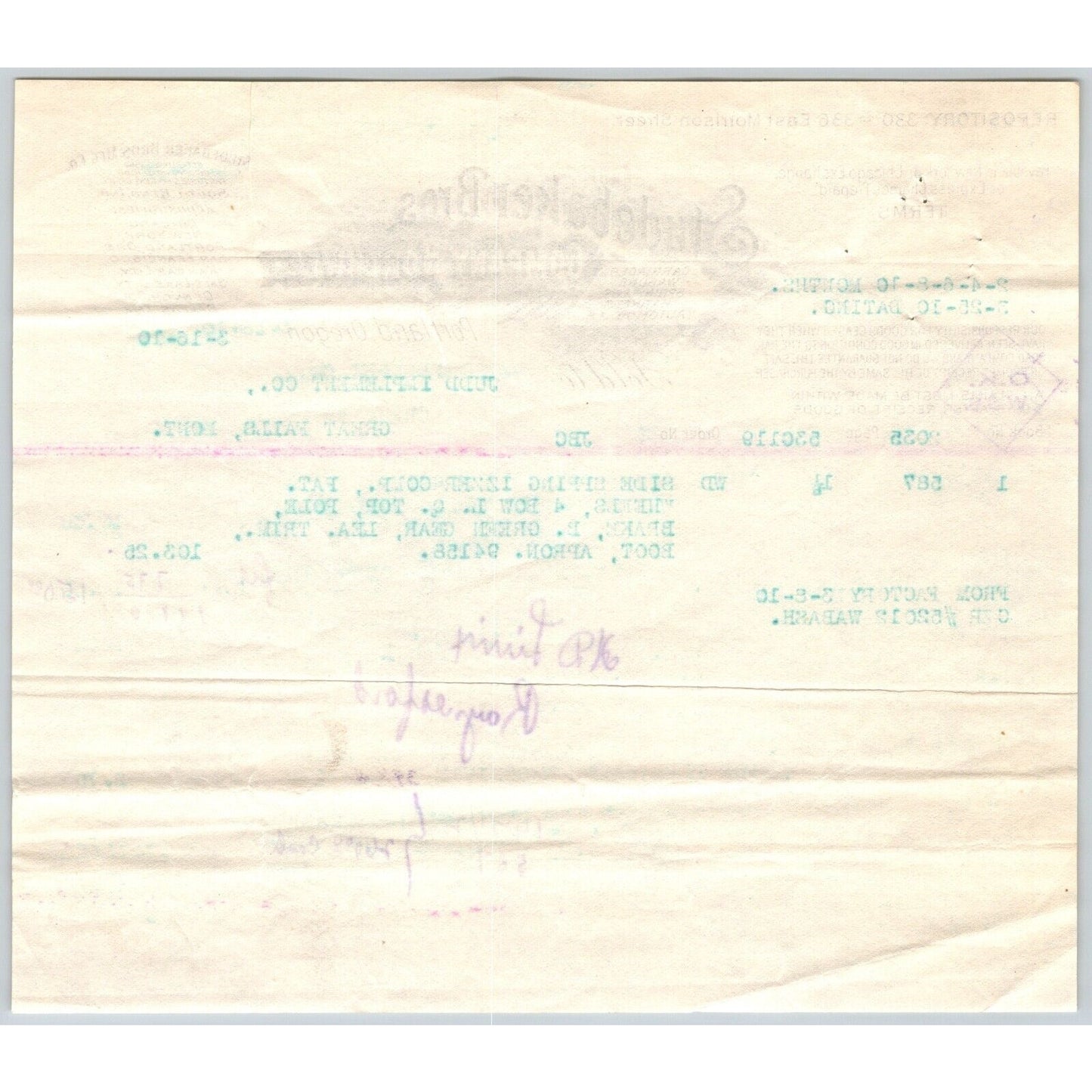 Studebaker Bros. Mfg. Co. Carriages Portland, OR 1910 Billhead VGC