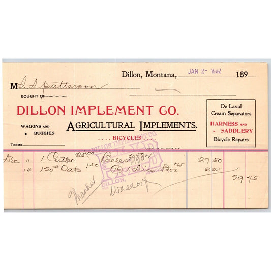Dillon, MT Dillon Implement Co. Agricultural Bicycles 189x 1902 Billhead