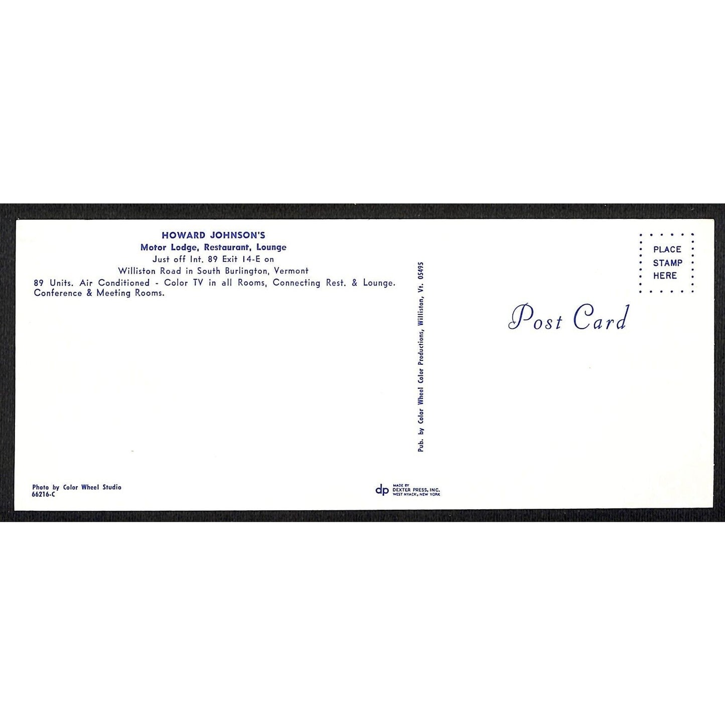Howard Johnson's Motor Lodge South Burlington, VT c1965-73 Travel Post Card VGC