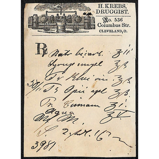 H. Krebs, Druggist Columbus St. Cleveland c1870's* Prescription #3981