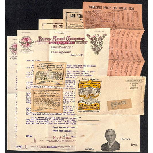 1929 Berry Seed Co. Clarinda, IA Letterheads, Product, Price Sheets & Packets