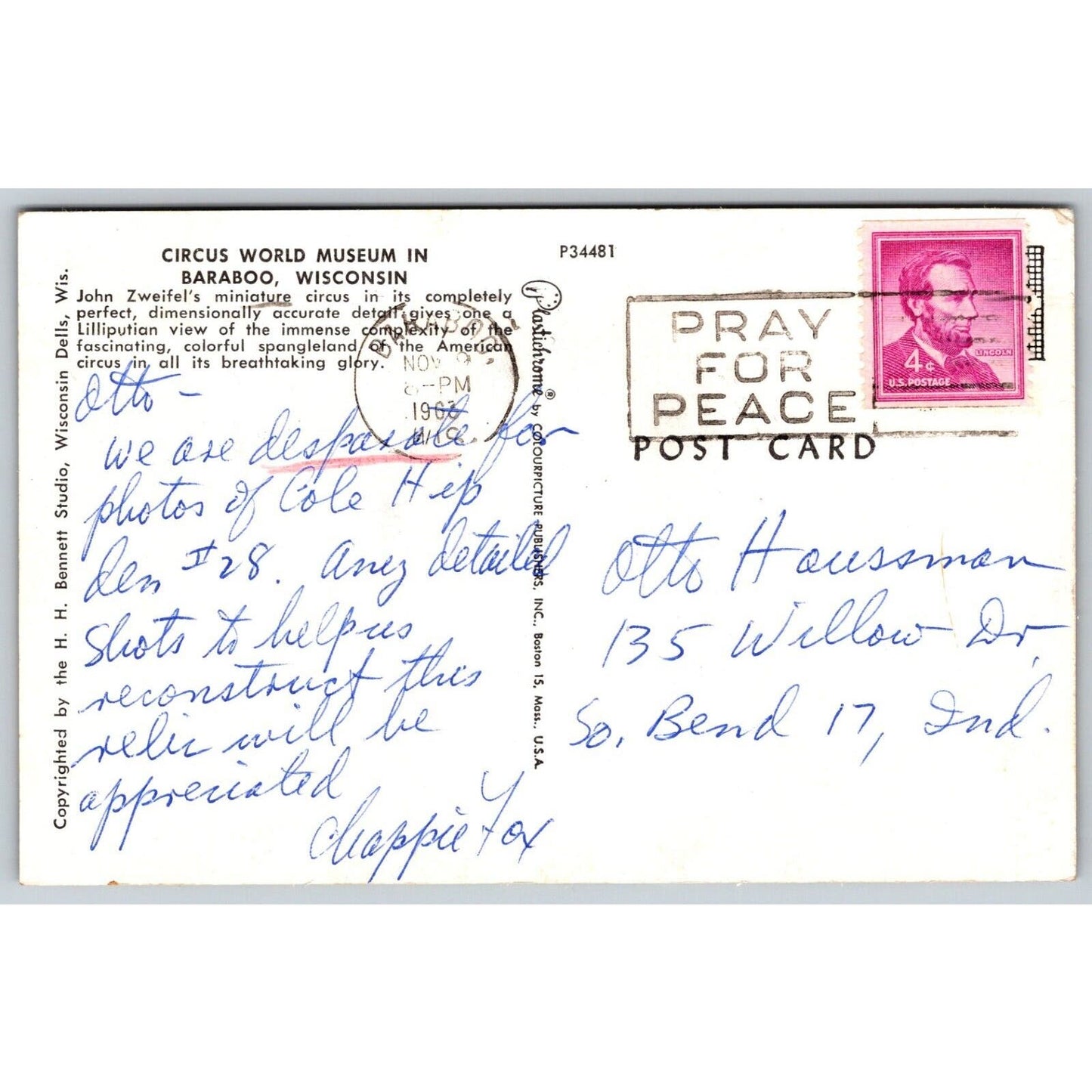 John Zweifel's Miniature Circus World Museum Baraboo Postcard PM 1963 / 65 ?