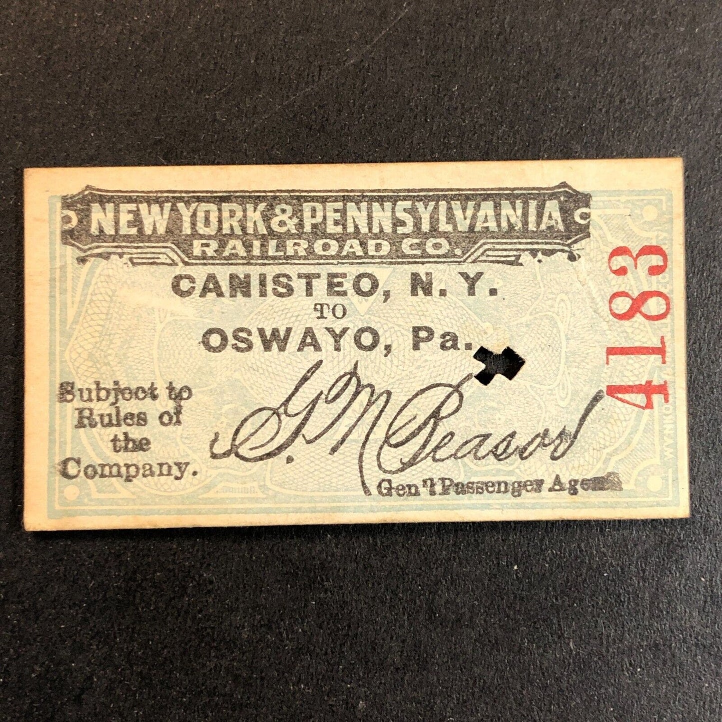 New York & Pennsylvania Railroad July 7 1917 Oswayo Ticket #4183 Scarce