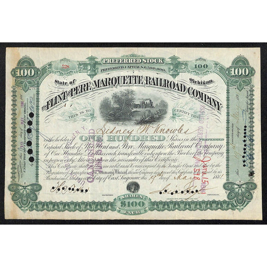 Flint & Pere Marquette Railroad 1881 Stock Certificate to: Sidney W. Knowles