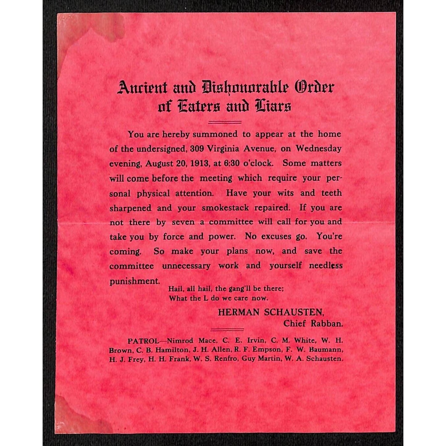 Funny 1913 "Ancient and Dishonorable Order of Eaters and Liars" "Summons"