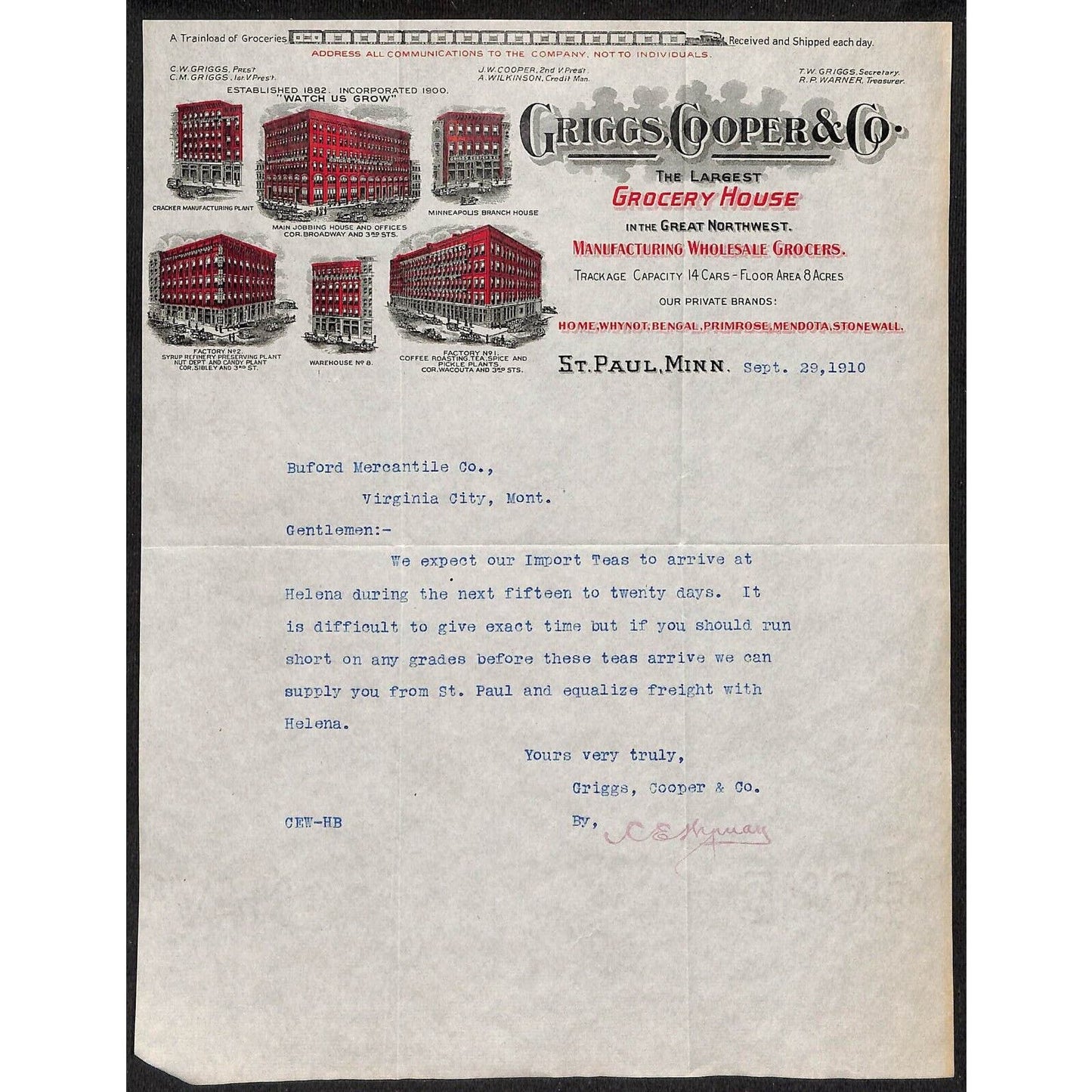Griggs, Cooper & Co. St. Paul Grocery Buford* 1910 Letterhead re: Import Teas