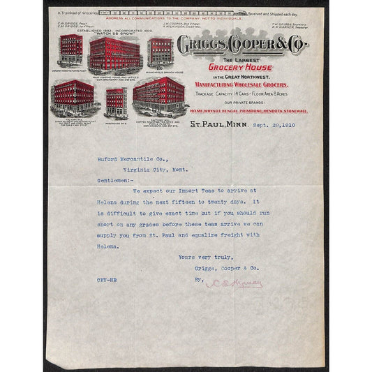 Griggs, Cooper & Co. St. Paul Grocery Buford* 1910 Letterhead re: Import Teas