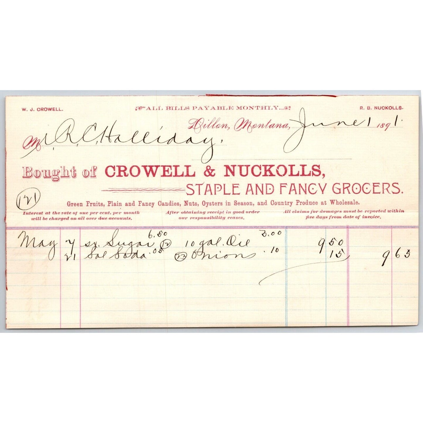 Dillon MT Crowell & Nuckolls 1891 Billhead Staple Fancy Groceries R.C. Halliday*
