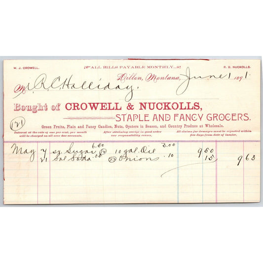 Dillon MT Crowell & Nuckolls 1891 Billhead Staple Fancy Groceries R.C. Halliday*