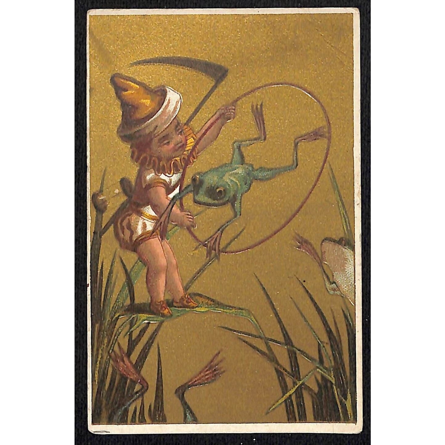 Blank Victorian Trade Card - Frog Leaps Through Hoop for Father Time w/ Gilt