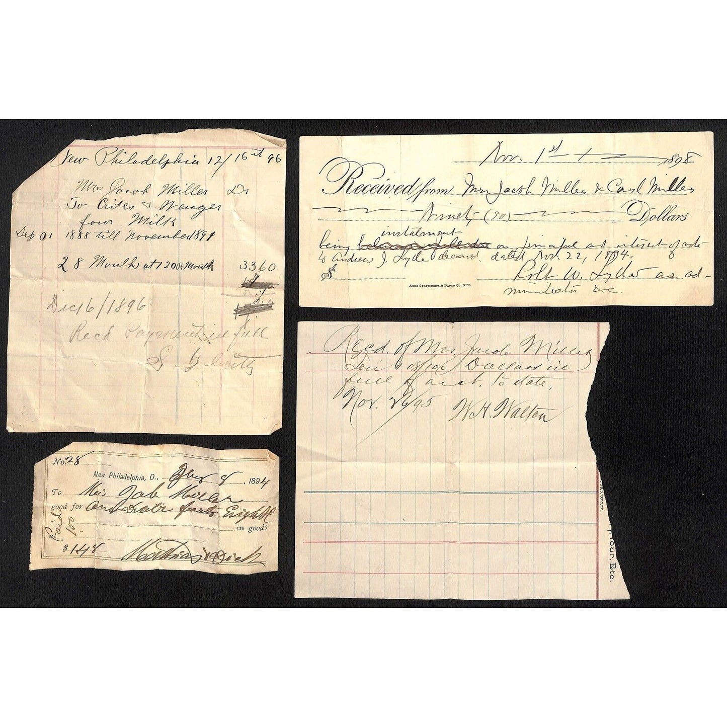 Jacob Miller New Philadelphia, OH Group of 4 1890's Receipts