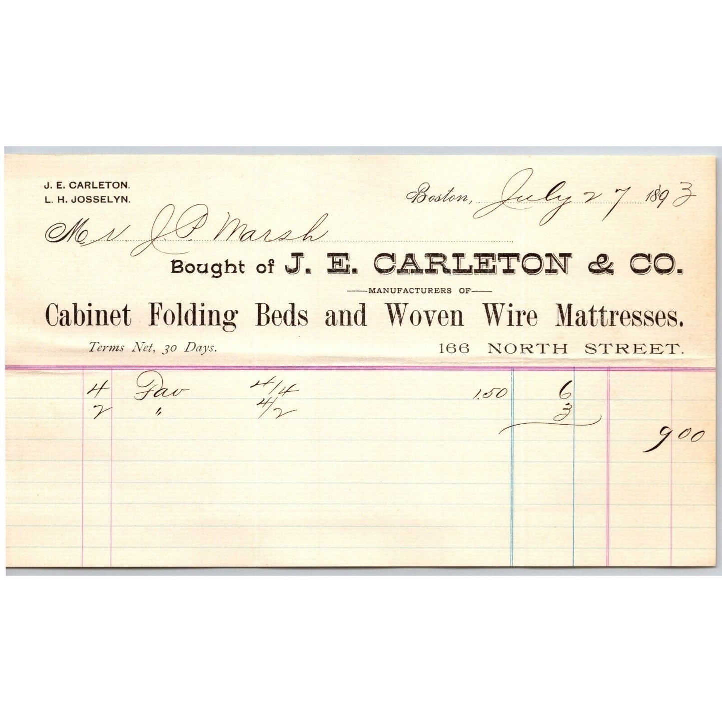 J.E. Carleton & Co. Cabinet Folding Beds Boston, MA 1893 Billhead