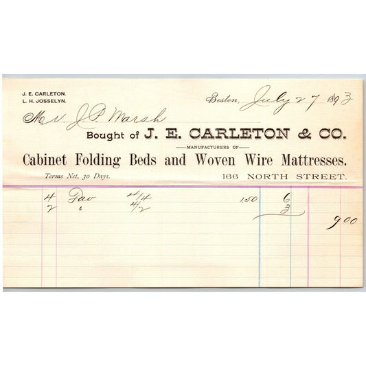 J.E. Carleton & Co. Cabinet Folding Beds Boston, MA 1893 Billhead