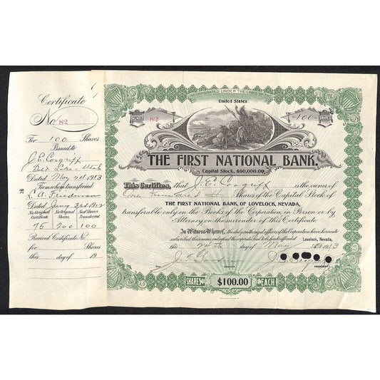 First National Bank of Lovelock, NV 1913 Stock Certificate to J.E. Cosgriff * 82