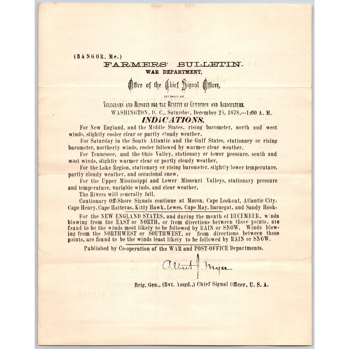 Bangor, ME Chief Signal Office, War Department Farmers' Bulletin - Dec. 28, 1878
