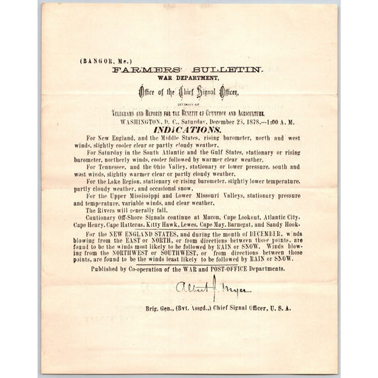 Bangor, ME Chief Signal Office, War Department Farmers' Bulletin - Dec. 28, 1878
