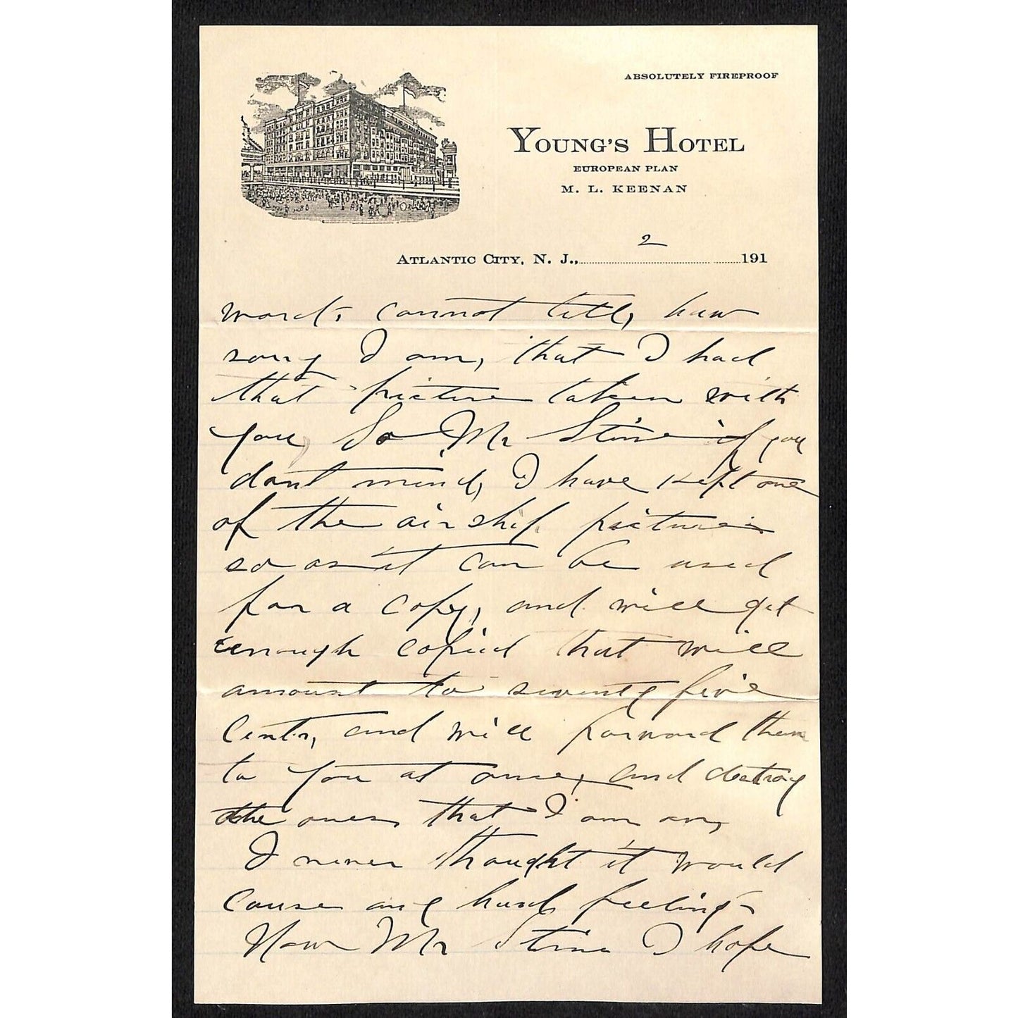 1910 Young's Hotel Atlantic City, NJ Page 1 Correspondence Vignette Cover Scarce