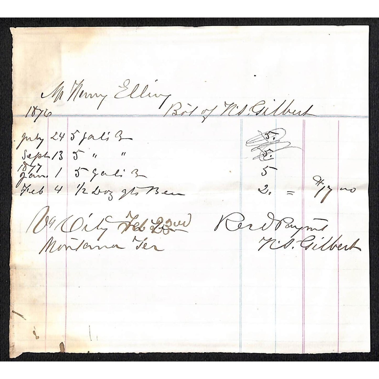 1876 N.A. Gilbert to Henry Elling* Virginia City, MT Hand Written Billhead