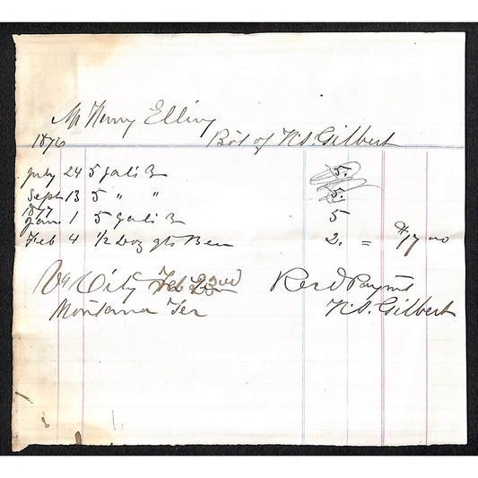 1876 N.A. Gilbert to Henry Elling* Virginia City, MT Hand Written Billhead