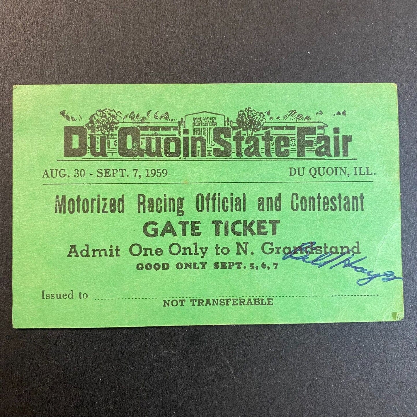 1959 Du Quoin State Fair "Motorized Racing Official and Contestant" Gate Ticket