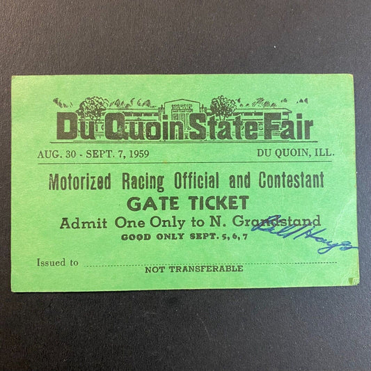 1959 Du Quoin State Fair "Motorized Racing Official and Contestant" Gate Ticket