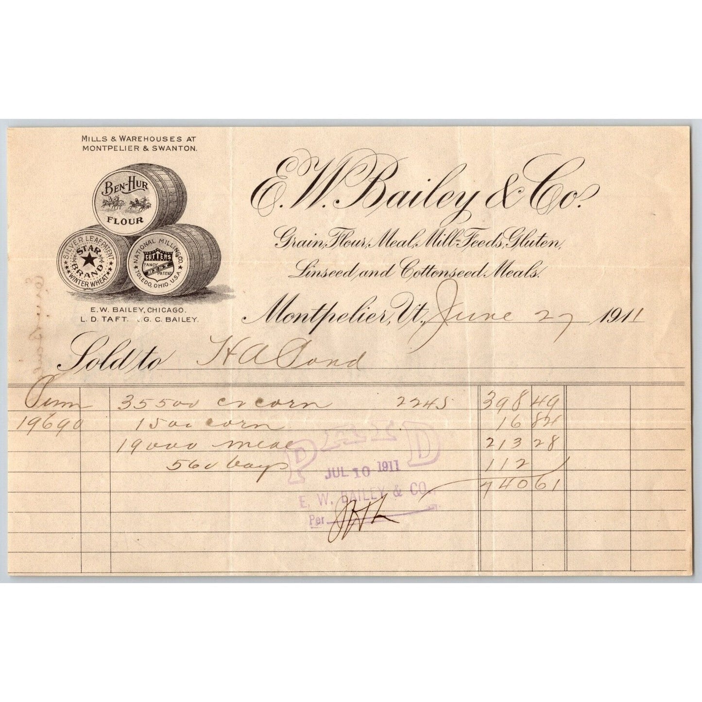 E.W. Bailey & Co. Grain Flour Mill Feeds Montpelier, VT 1911 Billhead Vignette