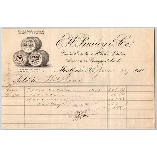 E.W. Bailey & Co. Grain Flour Mill Feeds Montpelier, VT 1911 Billhead Vignette