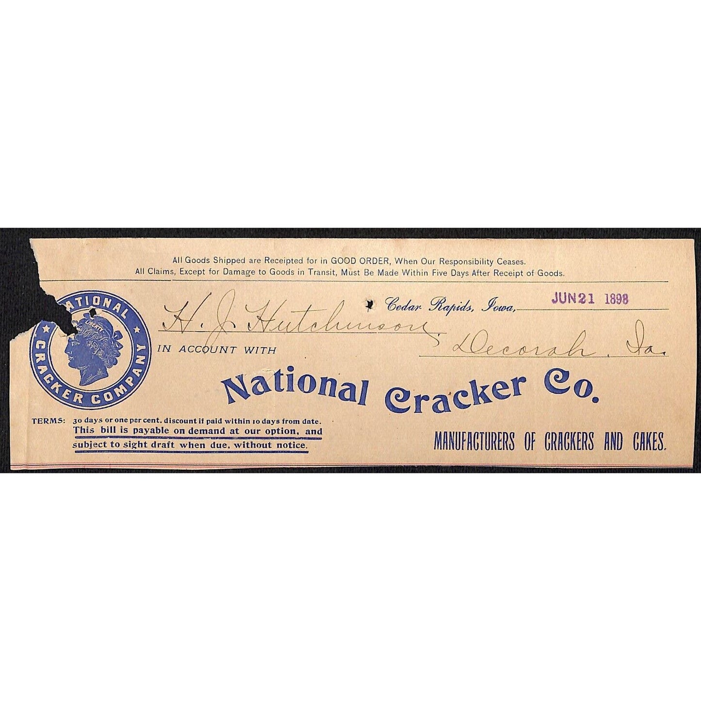 National Cracker Co. Cedar Rapids H.J. Hutchinson* Decorah Cut 1898 Billhead