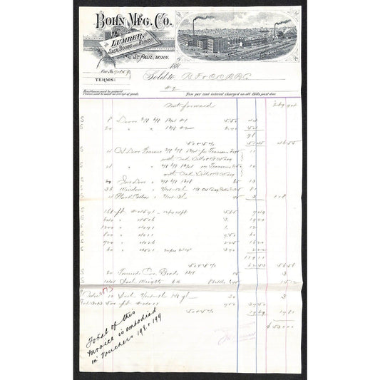 Bohn Mfg. Co. Lumber St. Paul, MN 1880's? pp. #2 Billhead to RF&CC RR ? Railroad