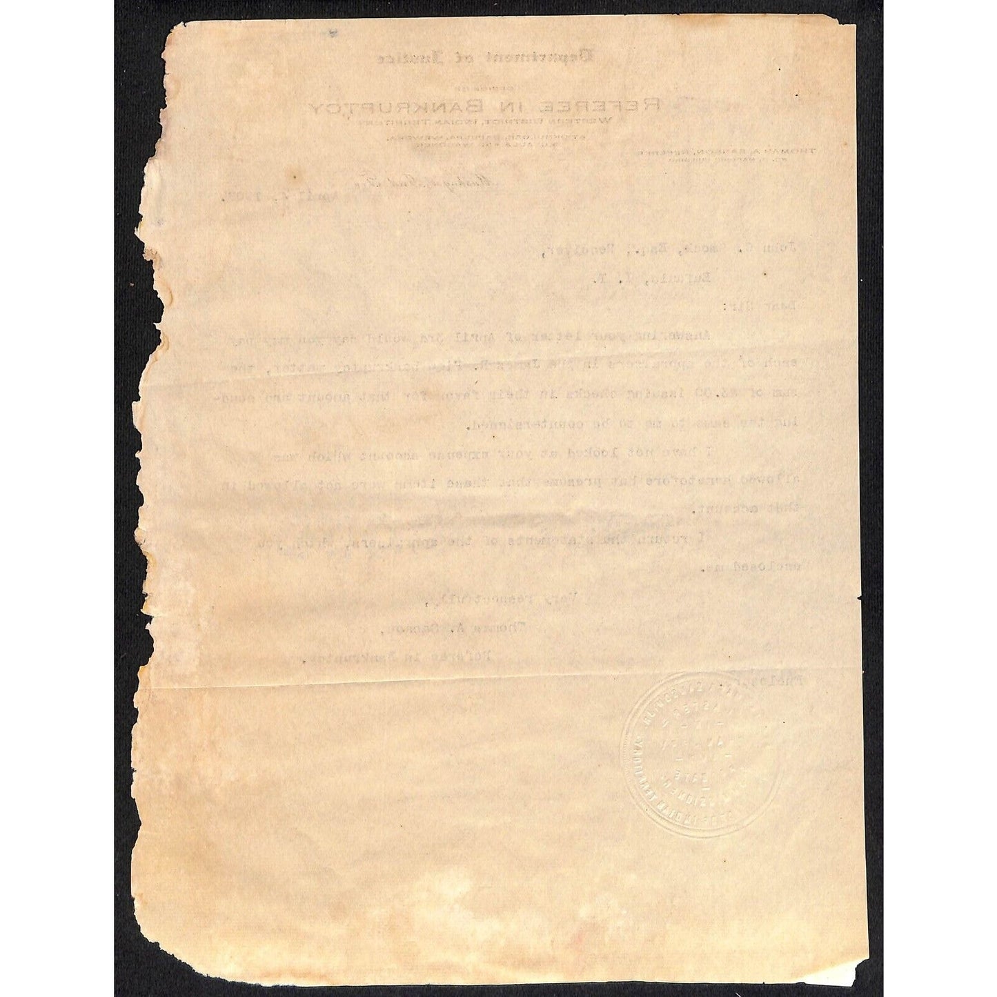 1907 DOJ "Office of Referee in Bankruptcy" Muskogee Indian Territory Letterhead