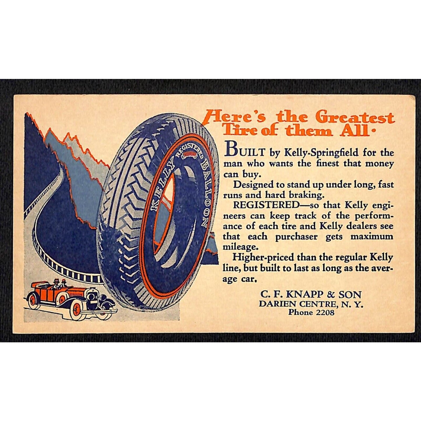 Kelly Springfield Tires / C.F. Knapp & Son Darien Centre, NY Postcard c1929-30's