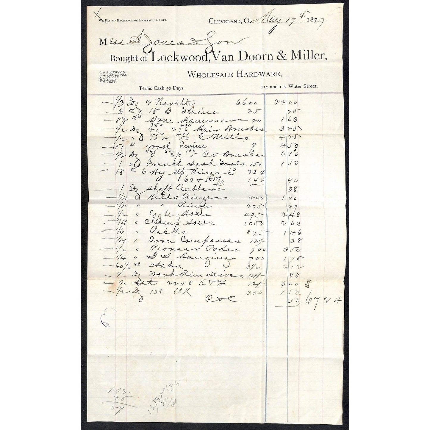 Lockwood, Van Doorn & Miller Hardware Cleveland 1877 Long Billhead VGC