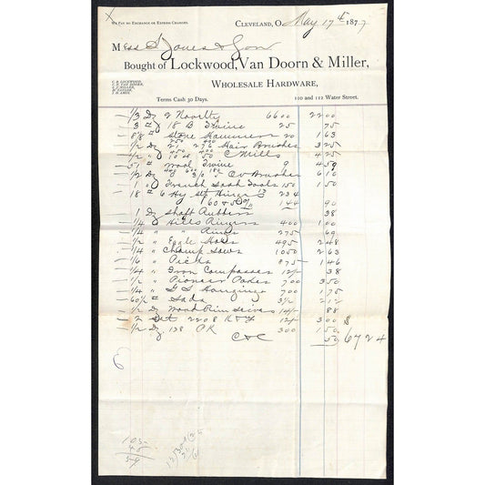 Lockwood, Van Doorn & Miller Hardware Cleveland 1877 Long Billhead VGC