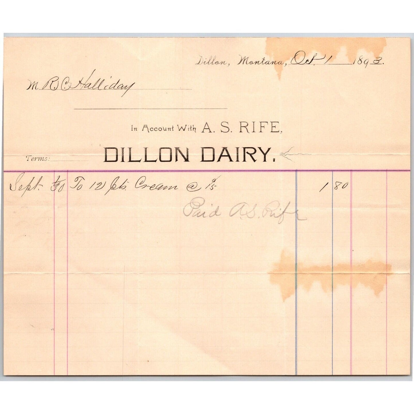Dillon, MT Dillon Dairy A.S. Oct. 1893 Billhead Rife R.C. Halliday*