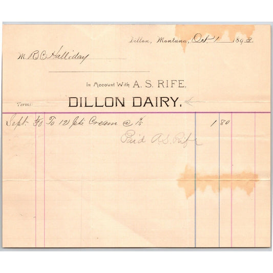 Dillon, MT Dillon Dairy A.S. Oct. 1893 Billhead Rife R.C. Halliday*