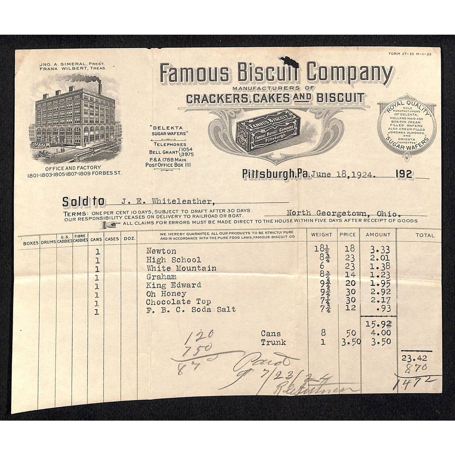 Famous Biscuit Co. Pitts. 1924 Billhead Whiteleather* N. Georgetown, OH Scarce