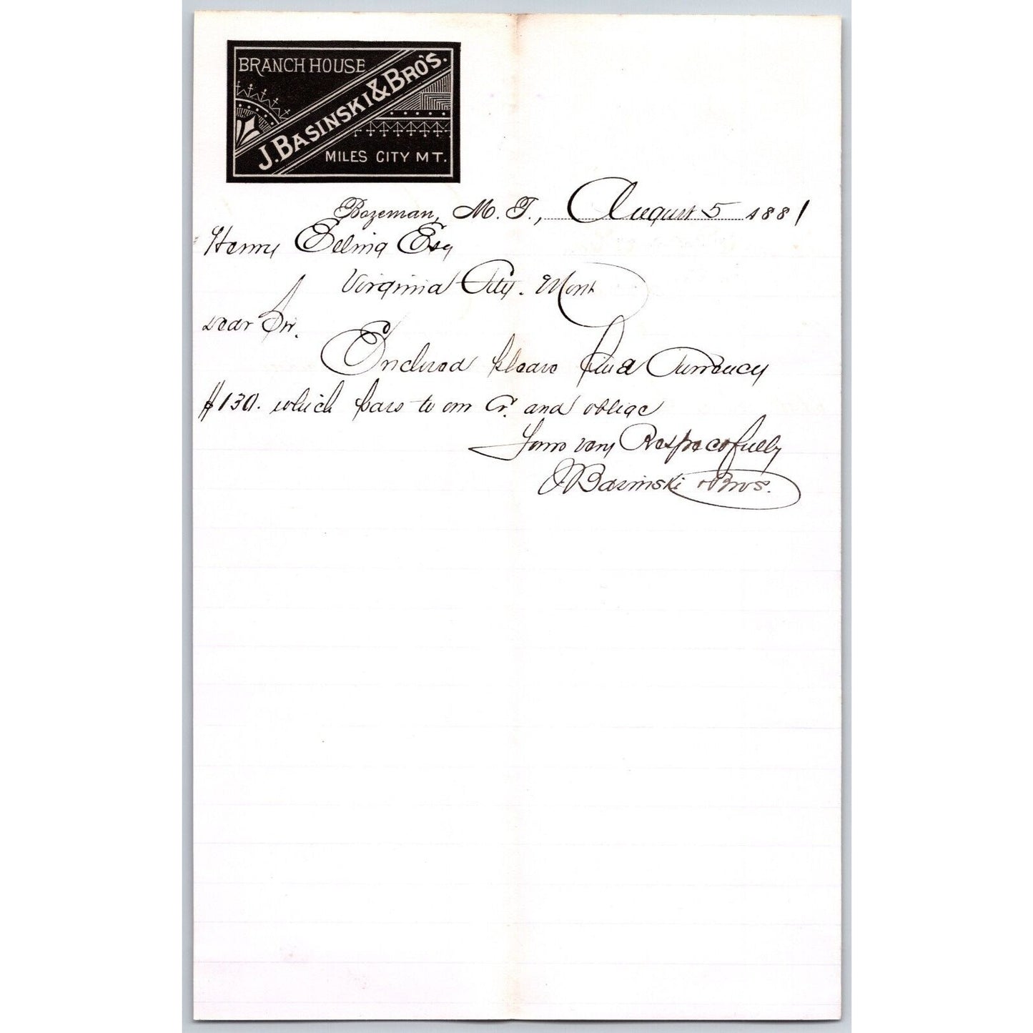 J. Basinski & Bros. Bozeman, MT (Dry Goods) 8/5 1881 Letterhead Henry Elling*