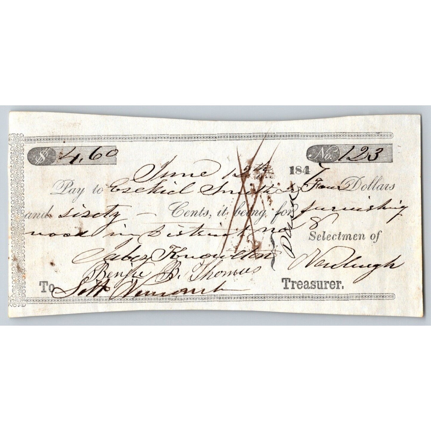 1847 Jabez Knowlton* Newburgh ME Town Check to Ezekiel Smith for Furnishing Wood