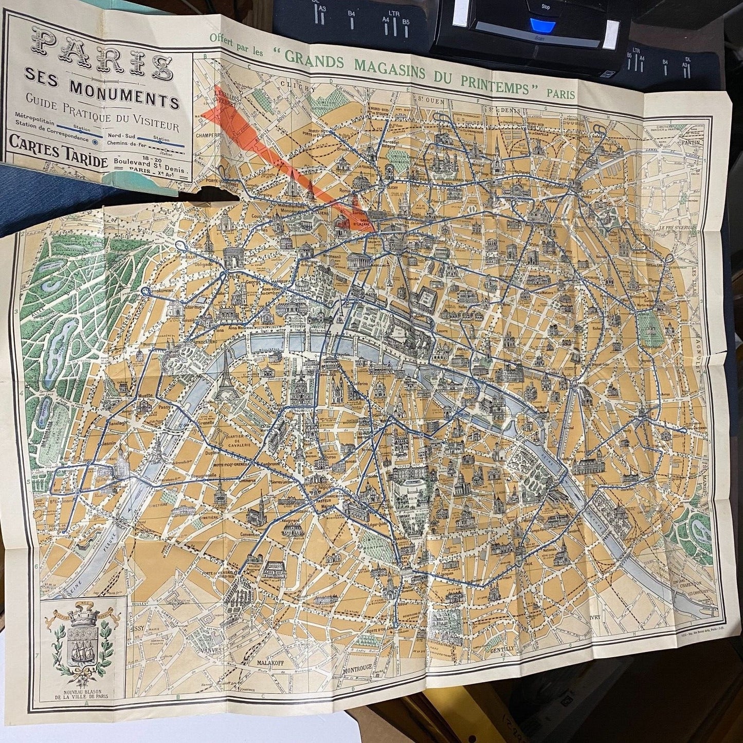 Printemps Department Stores w/ 22" x 28" Paris Monuments & Guide Map c1925