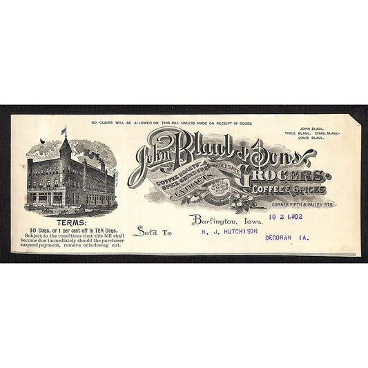 John Blaul Grocers Coffee Burlington IA Hutchinson* 10/2 1902 Cut Billhead