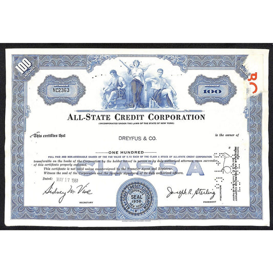 All State Credit Corporation NY 1961 Stock Certificate to: Dreyfus & Co.
