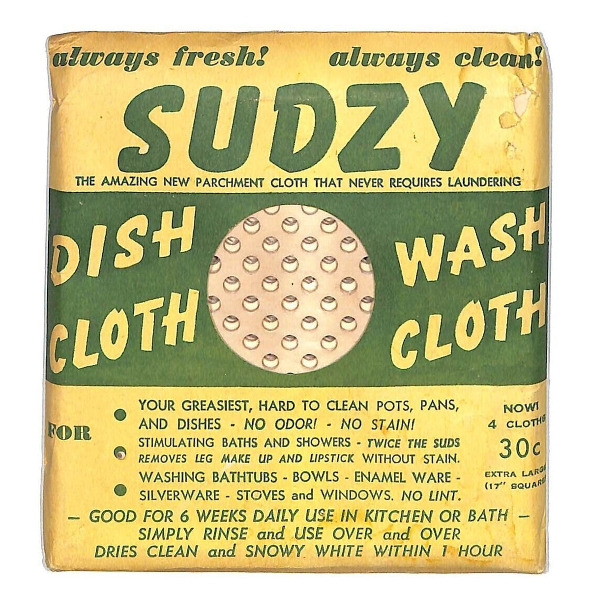 Sudzy Parchment Dish Wash Cloth (Pat. 1938 Exp. 1955) NOS c1940's-50's