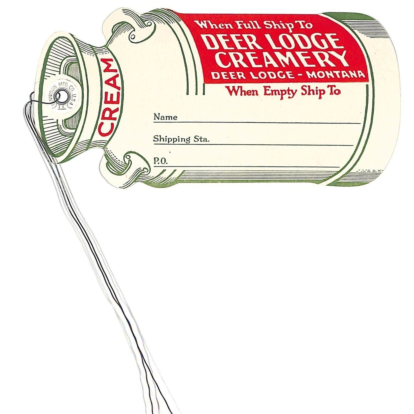 Deer Lodge Creamery Montana Die Cut Milk Can Shaped Shipping Tag NOS c1950's*